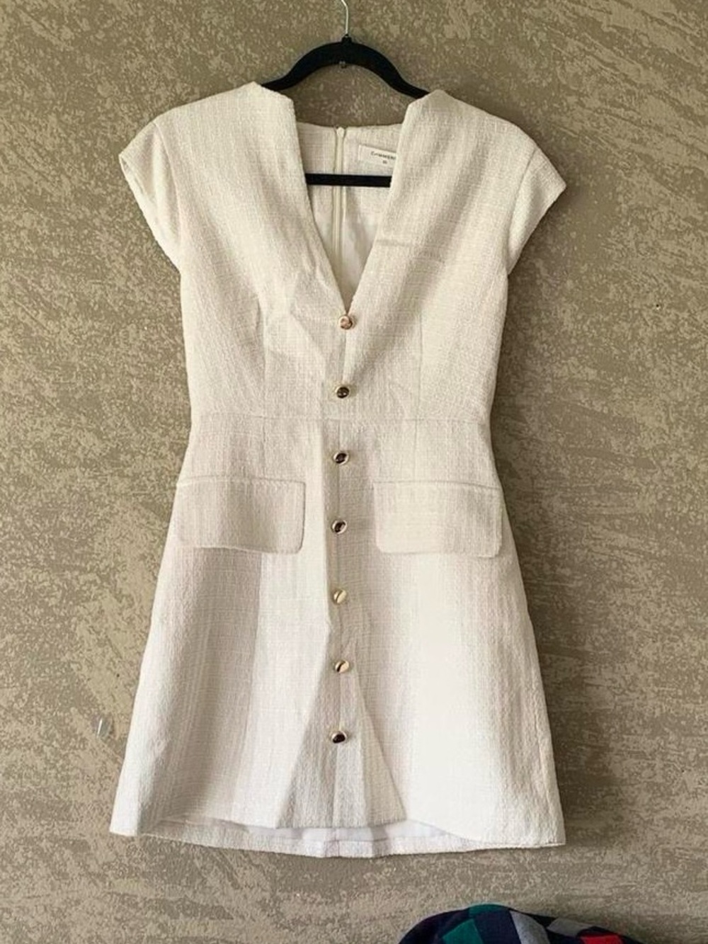 COMMENSE Off White Tweed Sleeveless / Capped Sleeve Mini Dress Gold Buttons NWT